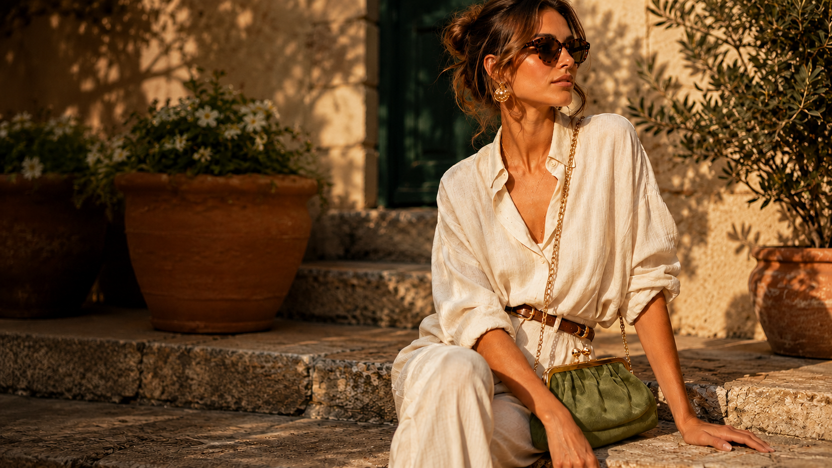 Pochette femme verte tenue par une femme assise dans un décor méditerranéen.