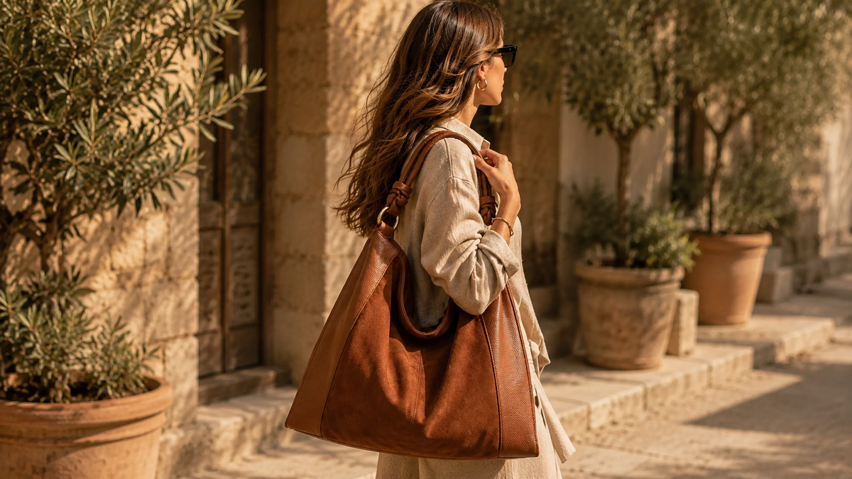 Sac cabas femme cognac porté à l’épaule dans une cour méditerranéenne.