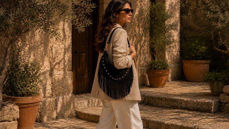 Sac à franges femme noir porté à l’épaule dans une cour méditerranéenne.