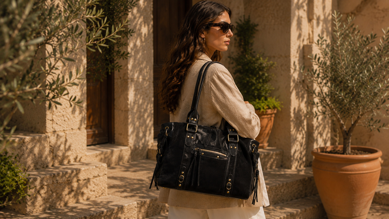 Sac en cuir mat femme noir porté à l’épaule dans une cour méditerranéenne.