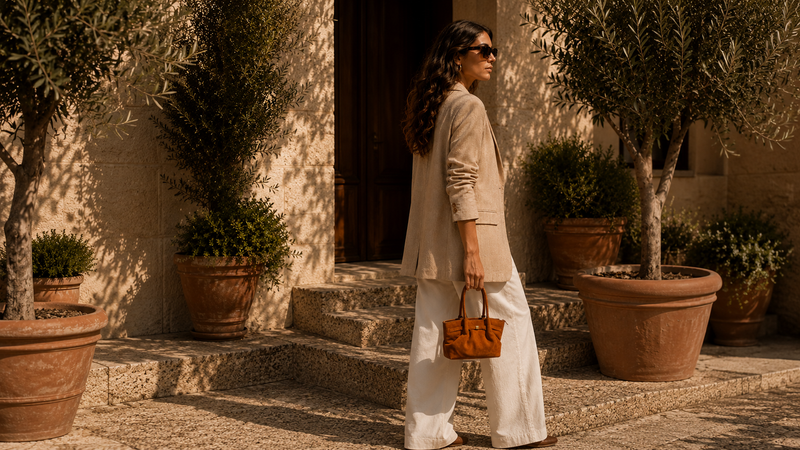 Sac en cuir suédé femme camel tenu à la main dans une cour méditerranéenne.