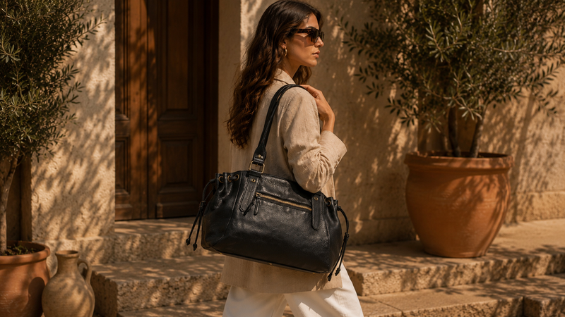 Sac vintage femme noir à l’aspect patiné porté à l’épaule dans une cour méditerranéenne.