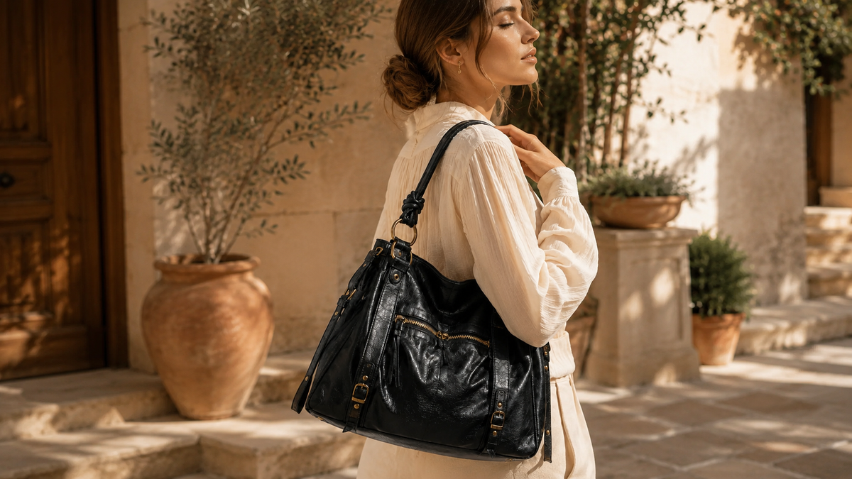 Sac épaule femme noir porté dans une cour méditerranéenne.