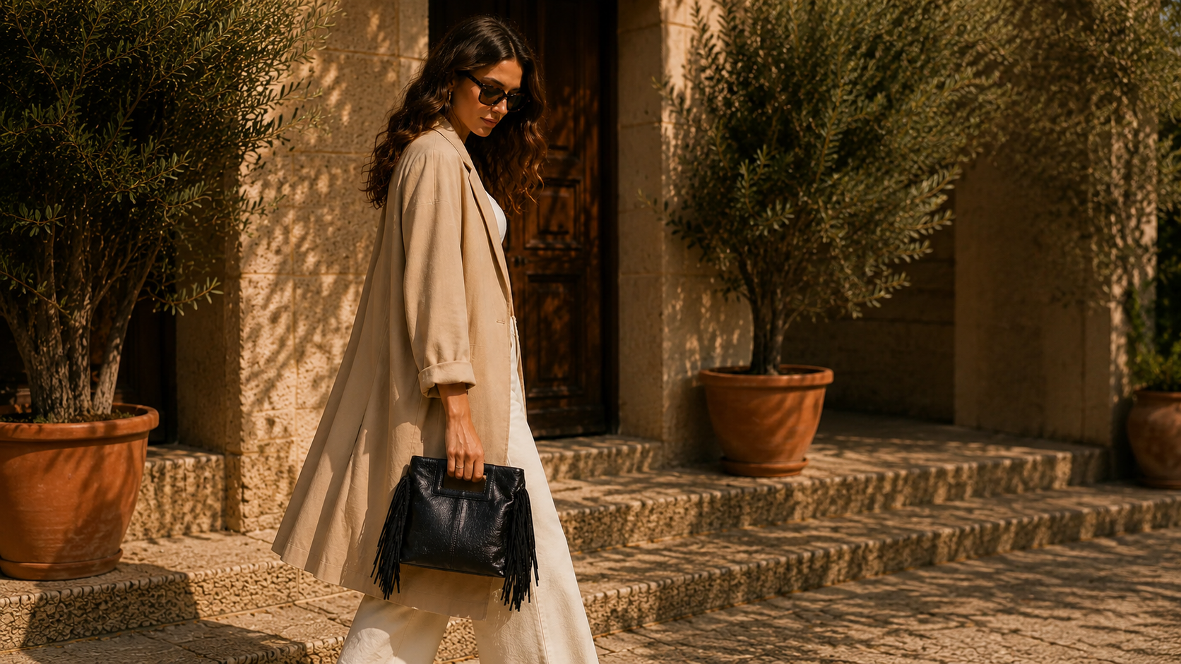 Sac à main femme noir tenu dans une cour méditerranéenne.