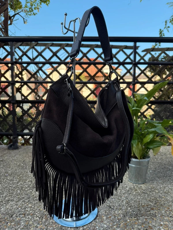 Sac à main femme Selena en cuir suédé et cuir grainé coloris noir fabrication italienne