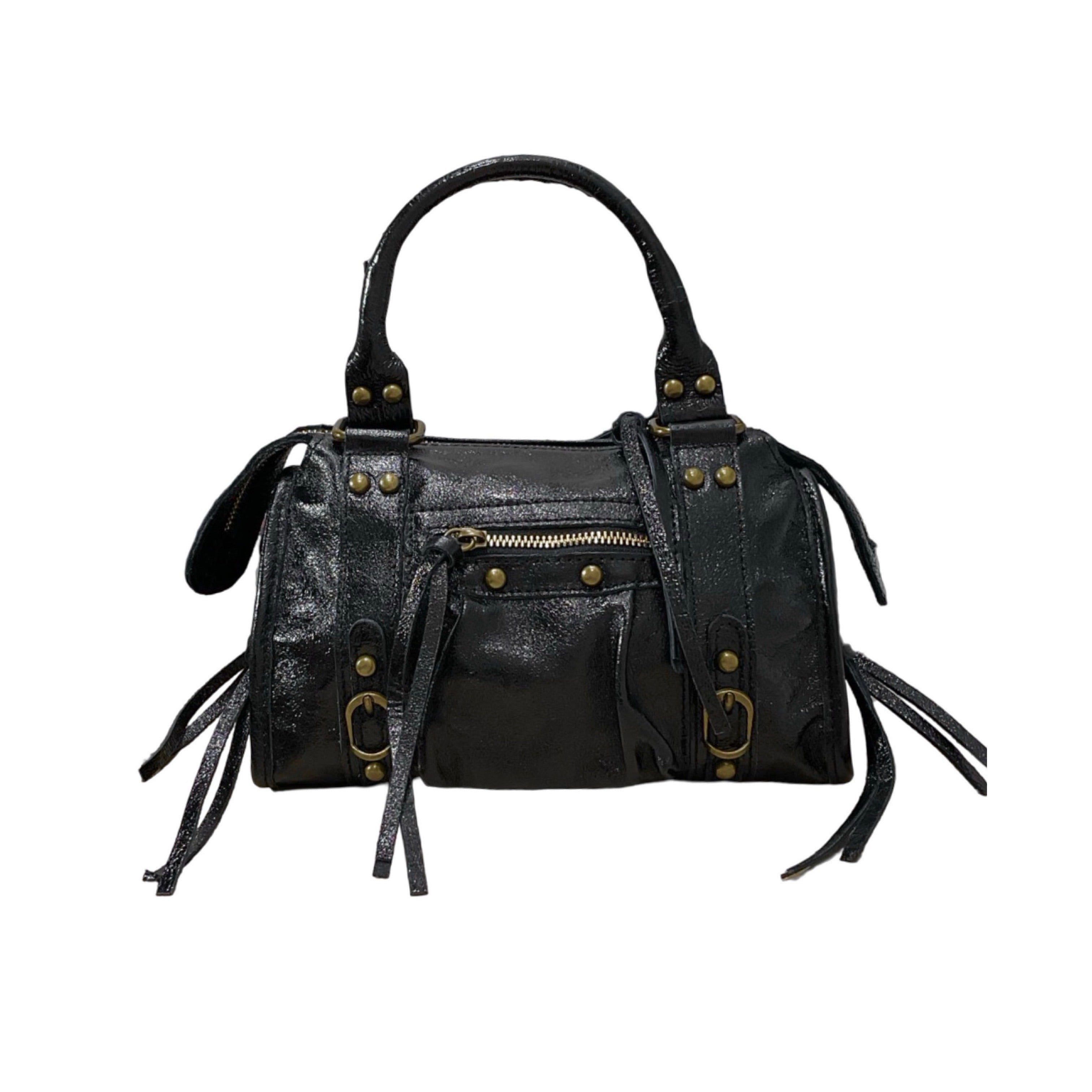 Sac Aurora S en cuir irisé noir – vue rapprochée du modèle