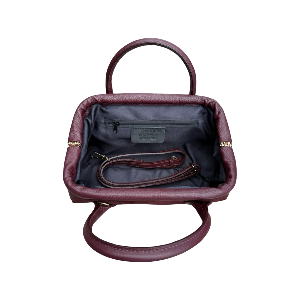 Doria sac à main femme en cuir suédé bordeaux avec détails en cuir grainé – vue de l'interieur