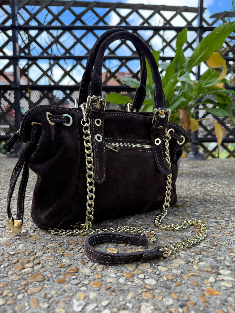 Sac bandoulière femme Giulia Mini en cuir suédé coloris chocolat fabrication italienne