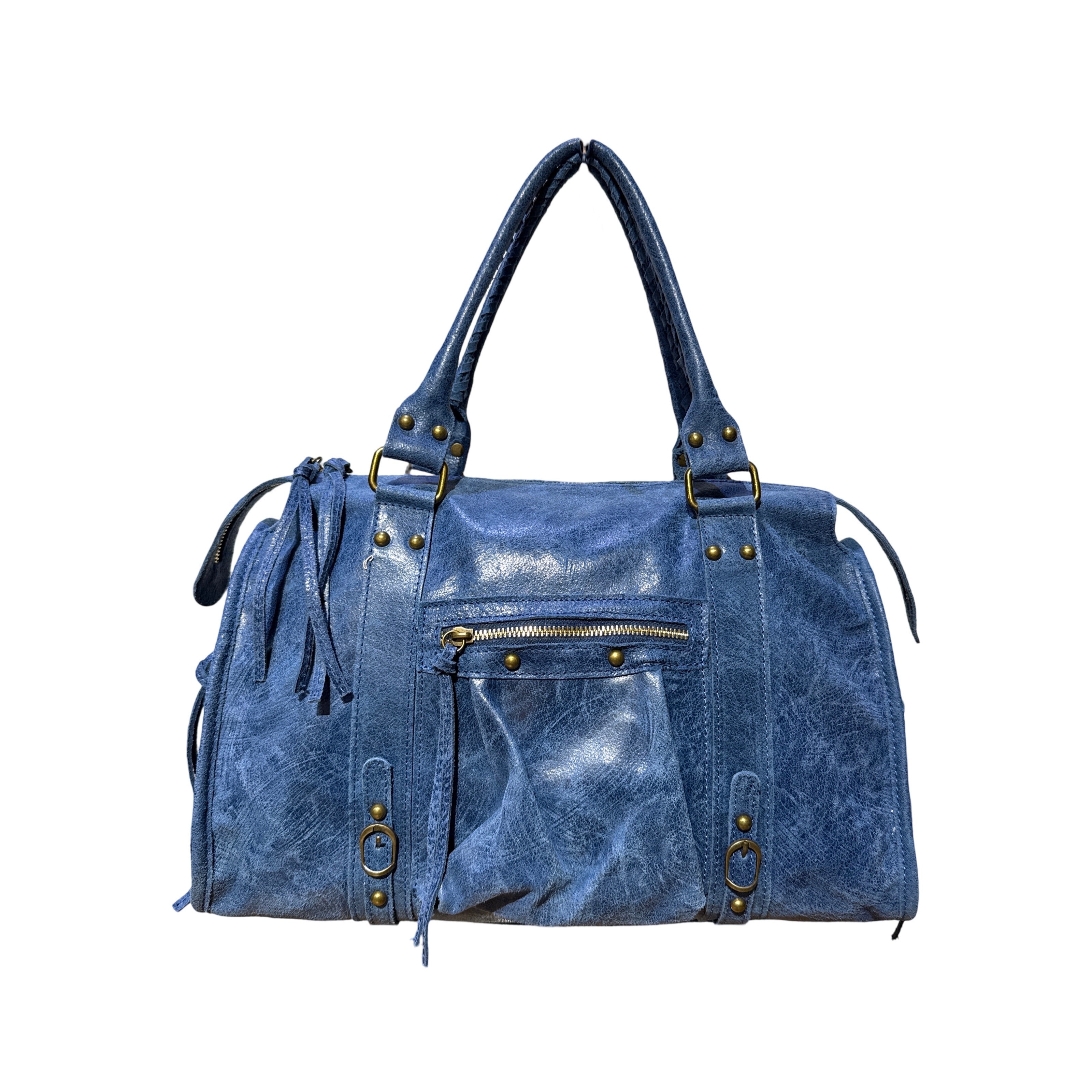 Sac à main Aurora L en cuir mat bleu denim