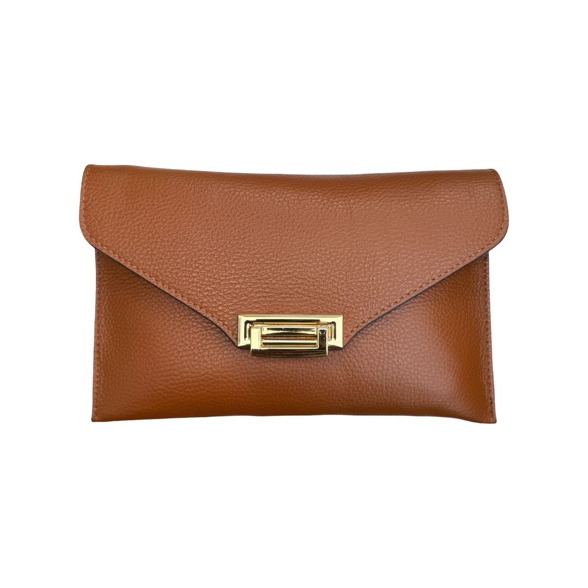 Gemma pochette femme en cuir grainé camel avec rabat et fermoir doré