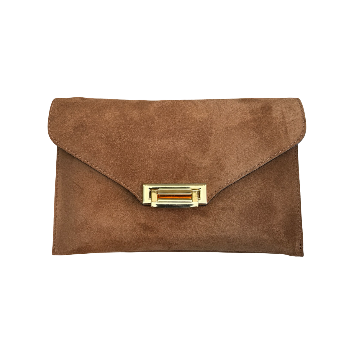 Gemma pochette femme en cuir suédé camel avec rabat et fermoir doré