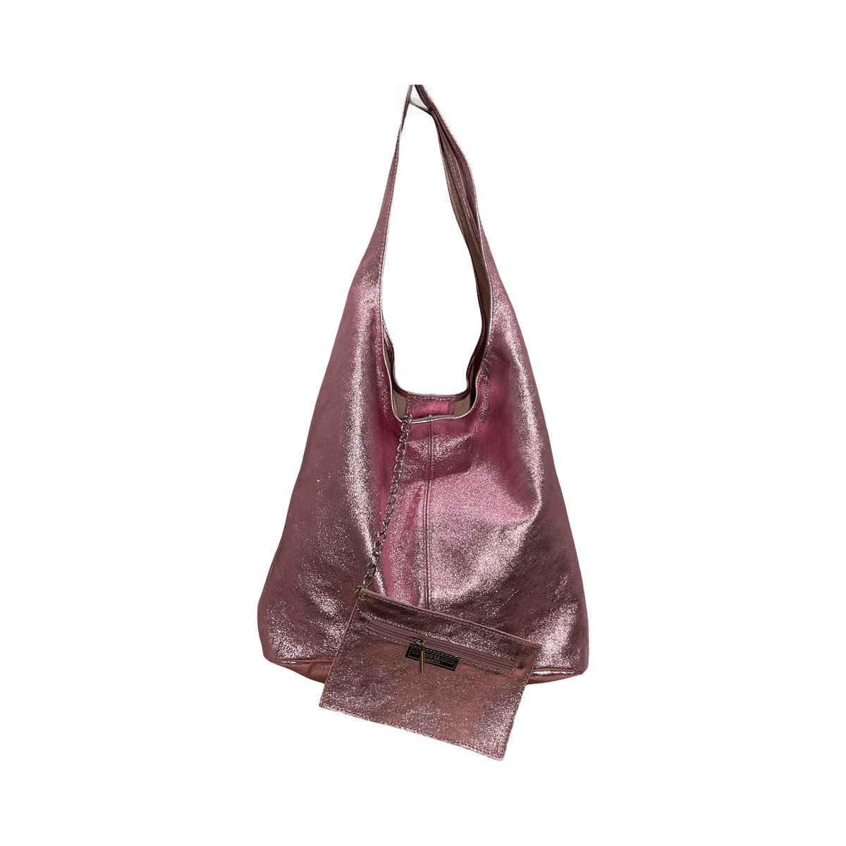 Livia L sac hobo femme en cuir irisé rose porté épaule