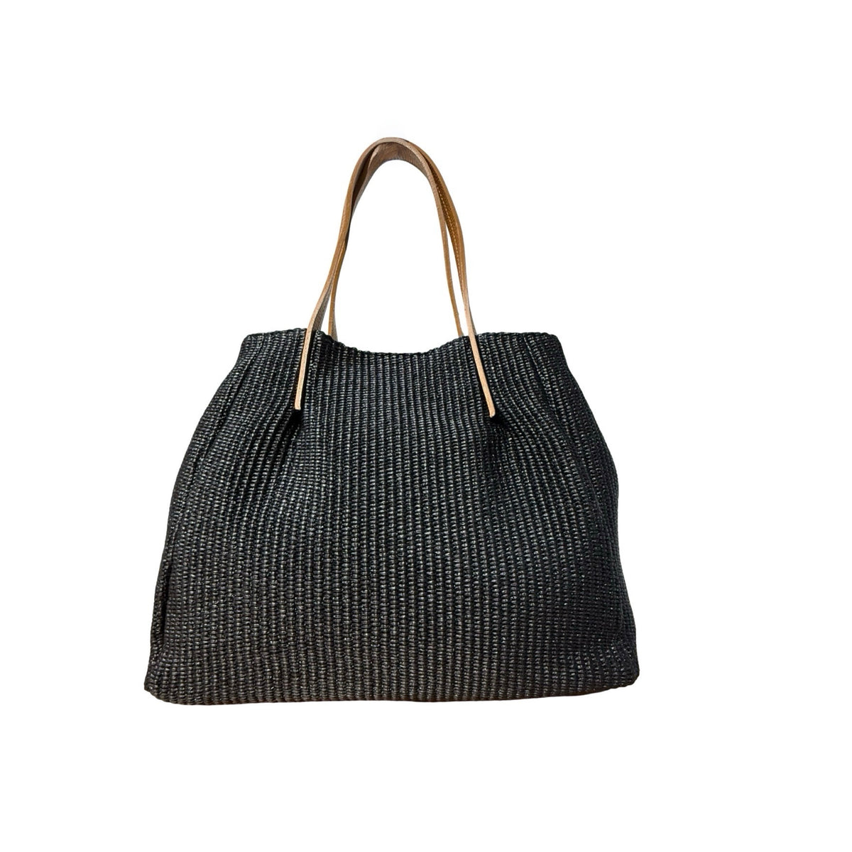 Noemi L grand sac cabas femme en raphia noir et cuir – vue de face