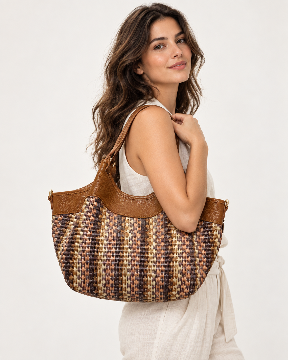 Raffaella L sac cabas femme en raphia multicolore et cuir camel – model