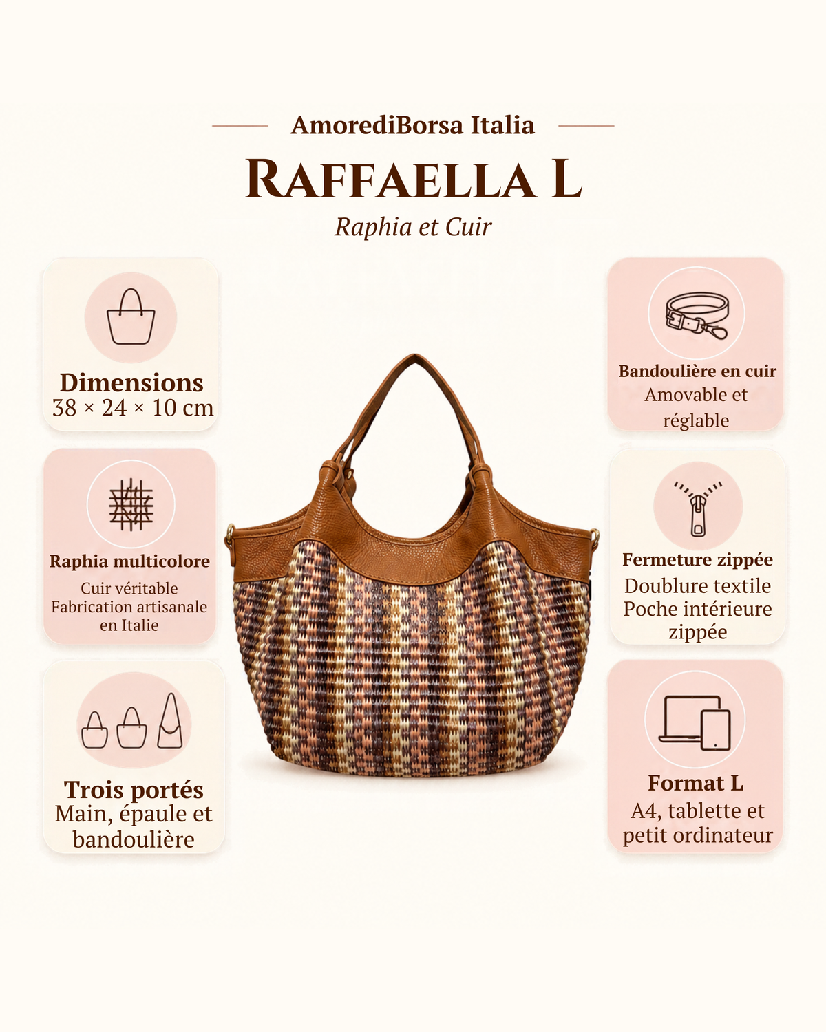 Raffaella L sac cabas femme en raphia multicolore et cuir camel – sticky