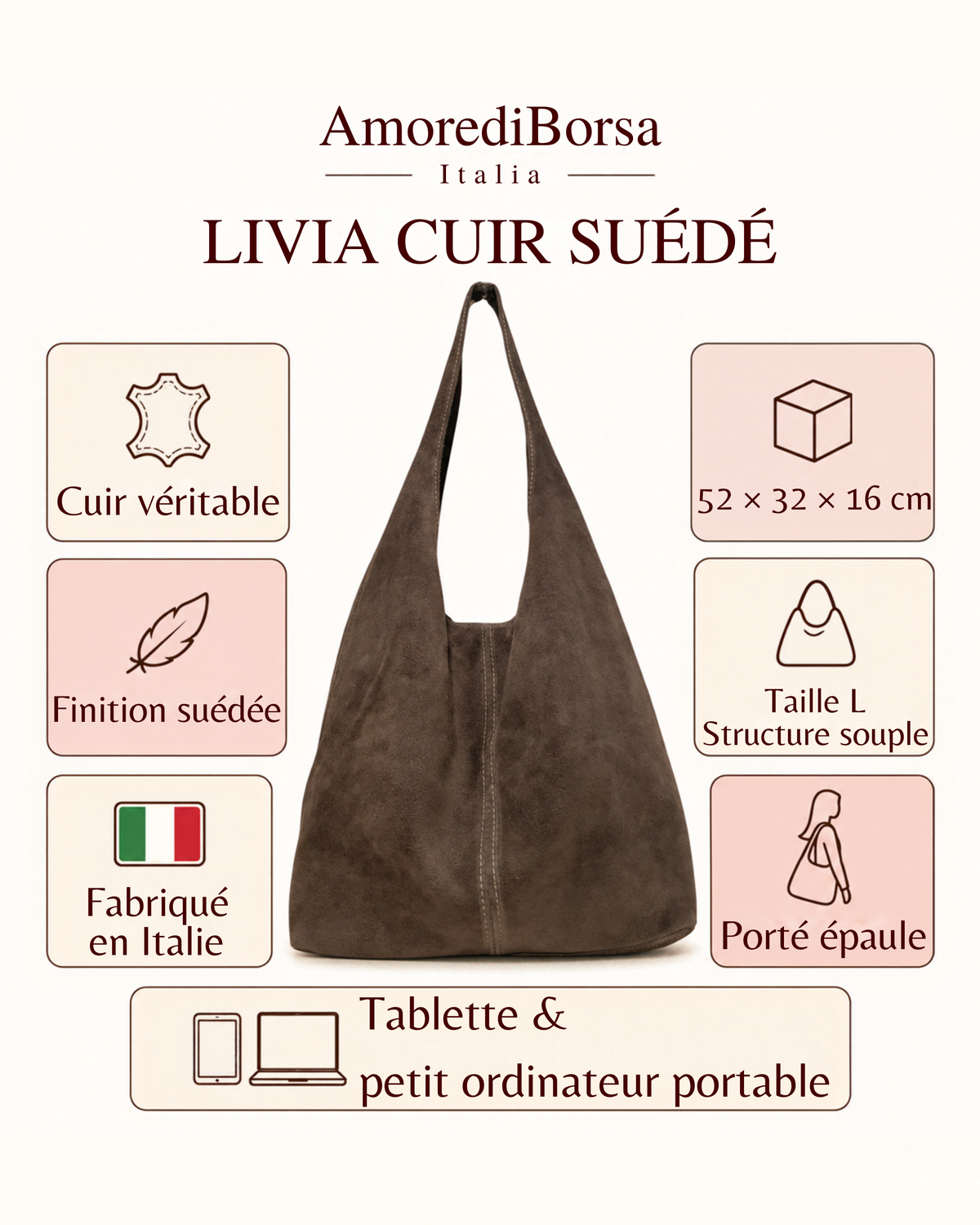 Sac Livia Cuir suede L chocolat Sticky