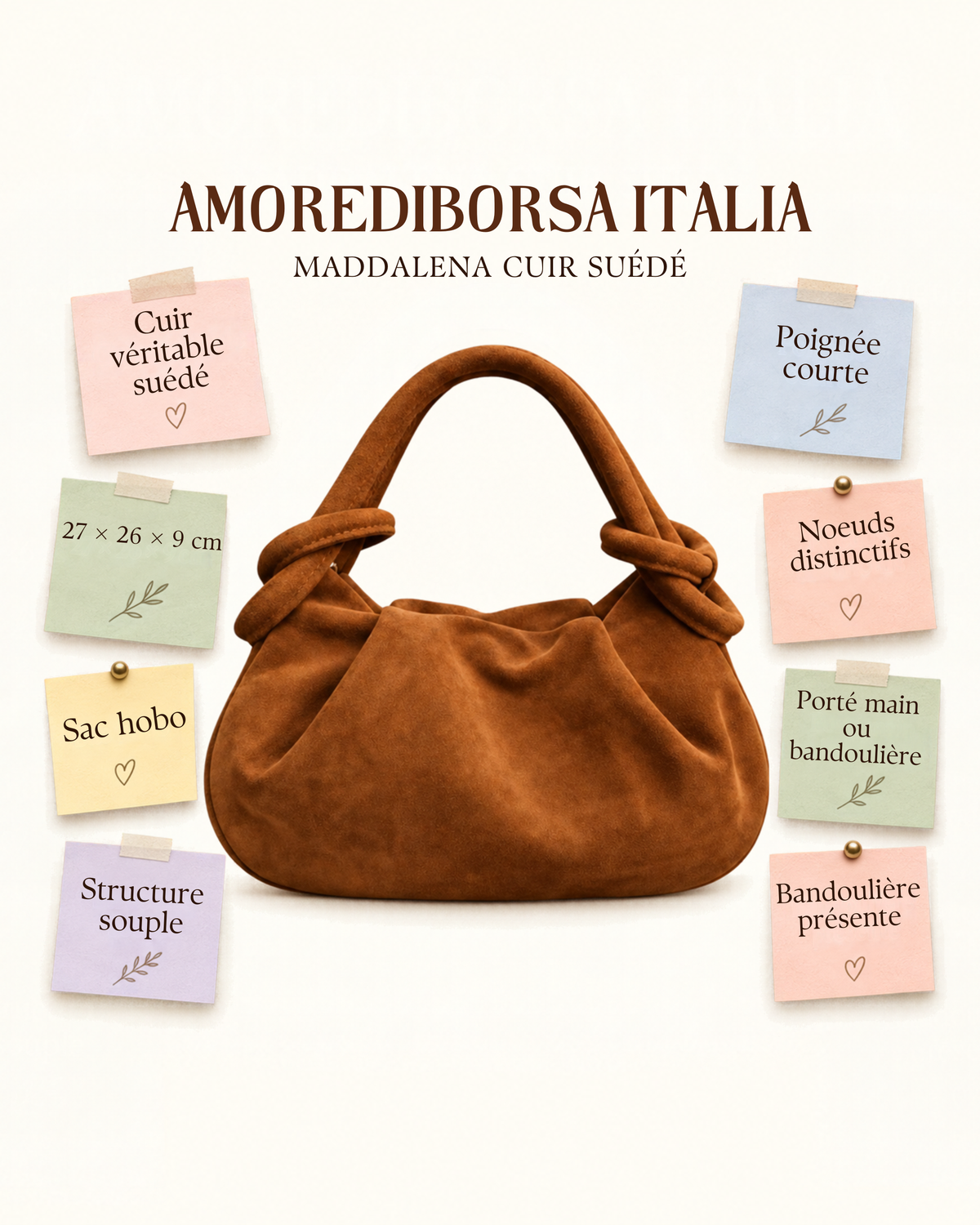 Maddalena sac hobo femme cuir suédé cognac à nœuds sticky