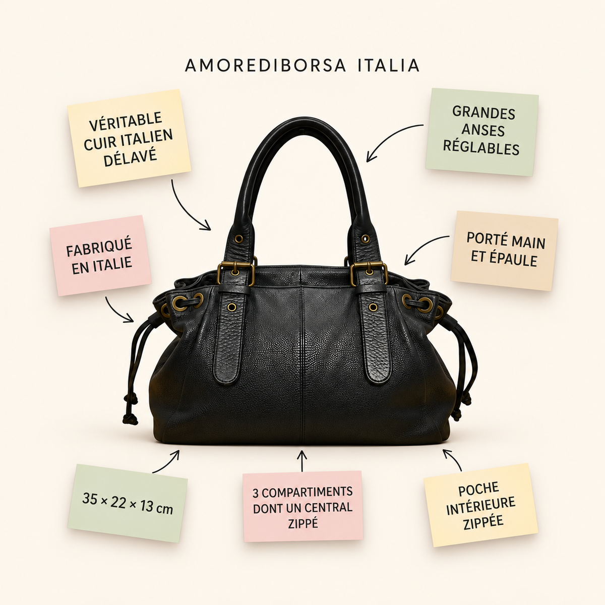 Sac épaule femme Giulia en cuir italien délavé avec grandes anses réglables et compartiment central zippé Sticky