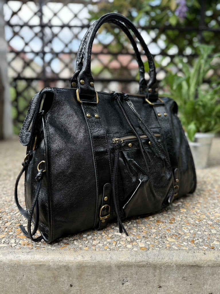 Sac à main Aurora en cuir irisé noir grande capacité étudiante fabriqué en Italie