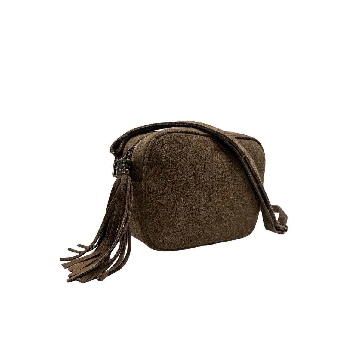 Ilaria sac bandoulière femme en cuir suédé taupe avec pompon décoratif