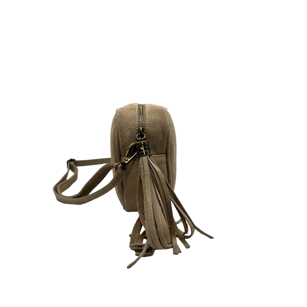 Ilaria sac bandoulière femme en cuir suédé beige avec pompon décoratif vue de profil