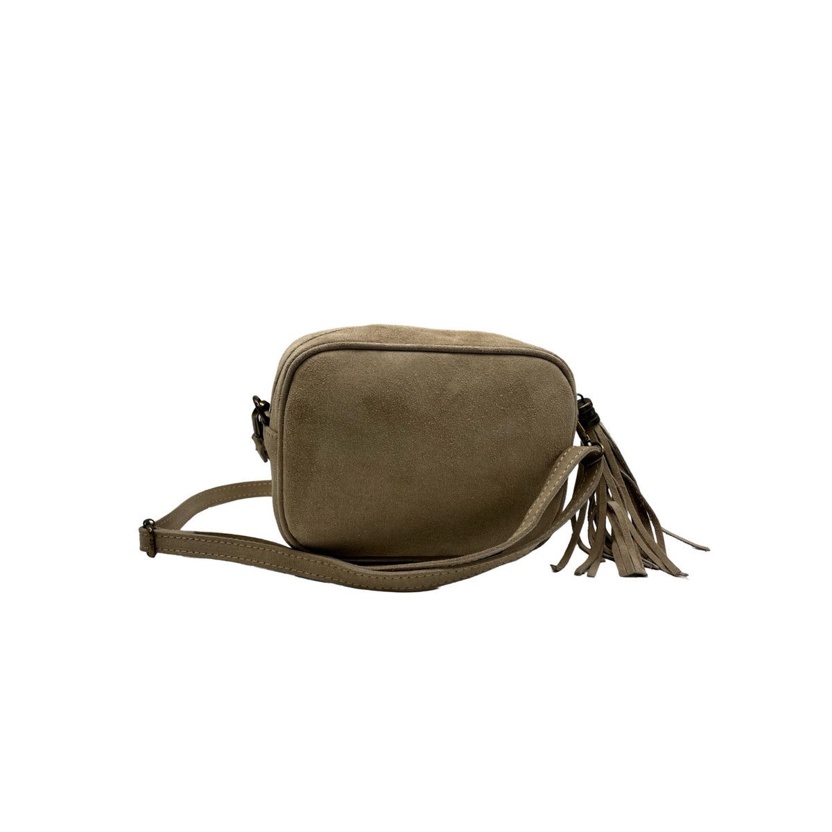 Ilaria sac bandoulière femme en cuir suédé beige avec pompon décoratif vue de dos
