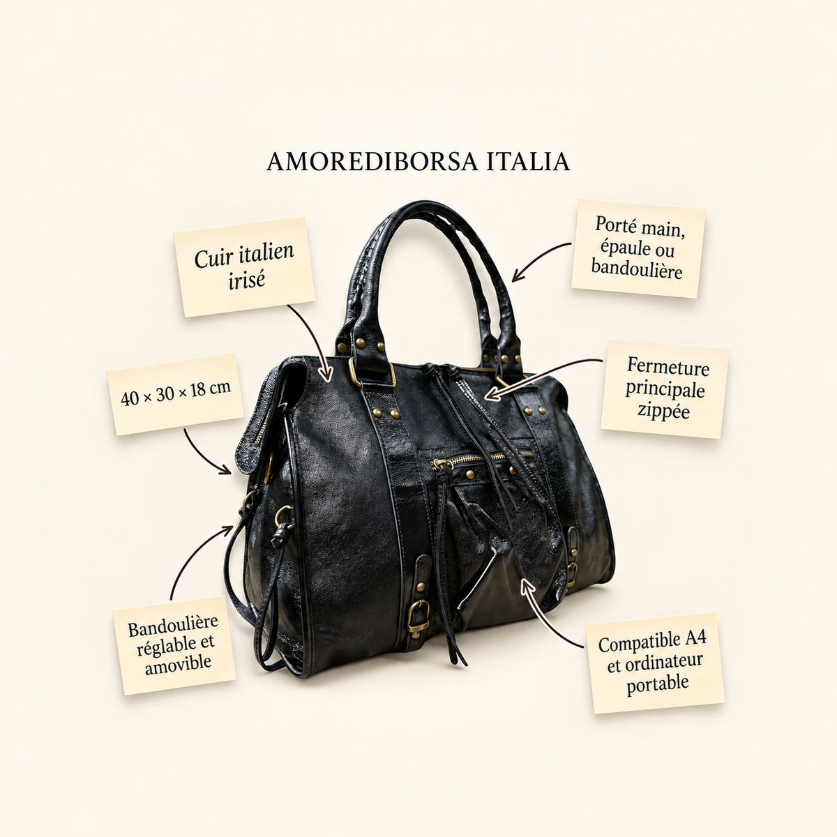 Sac Aurora L en Cuir Irise Noir