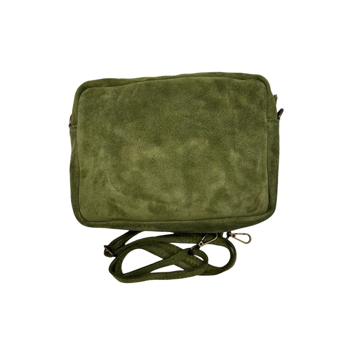 Vittoria sac bandoulière femme en cuir suédé vert avec poche avant motif léopard vue de dos