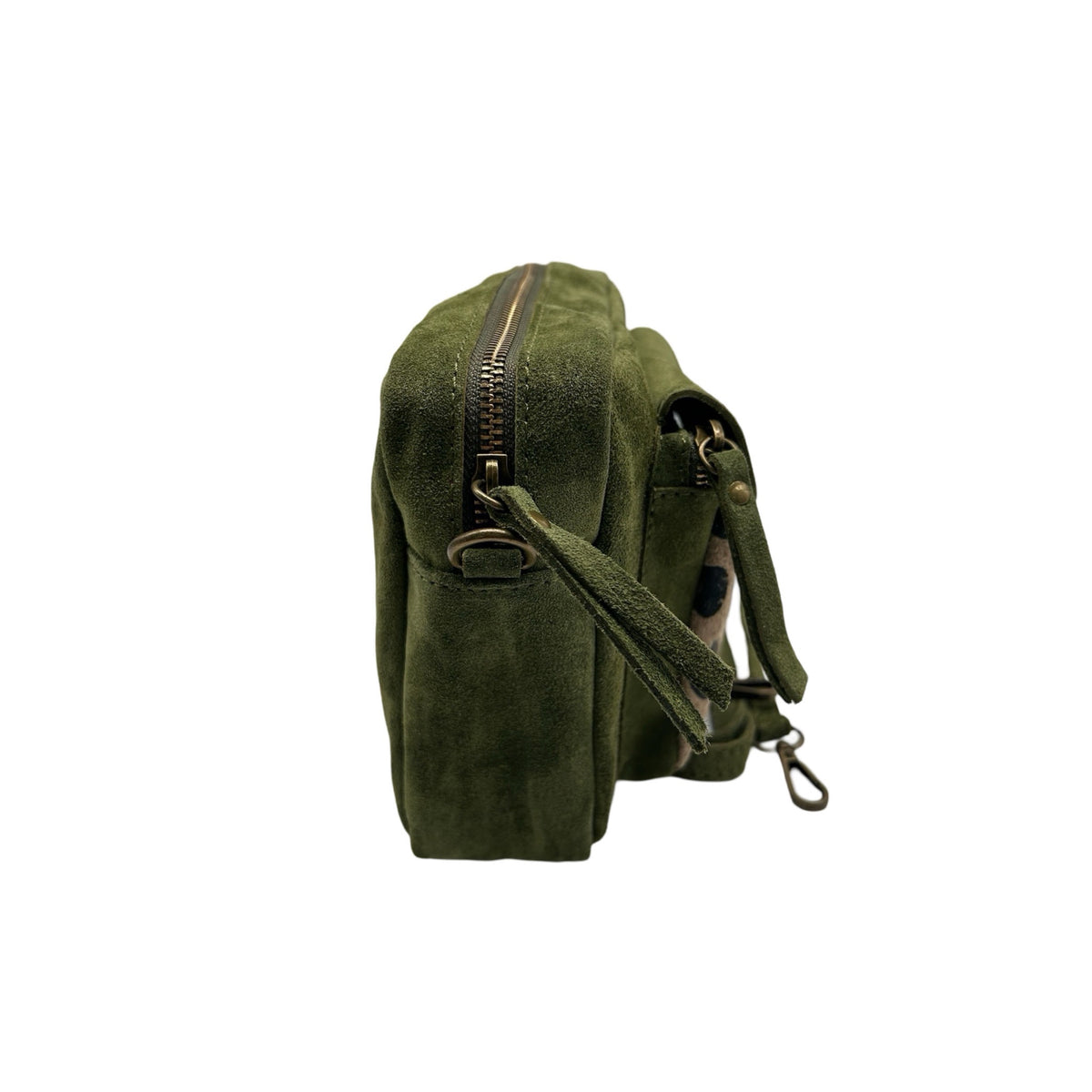 Vittoria sac bandoulière femme en cuir suédé vert avec poche avant motif léopard vue de profil