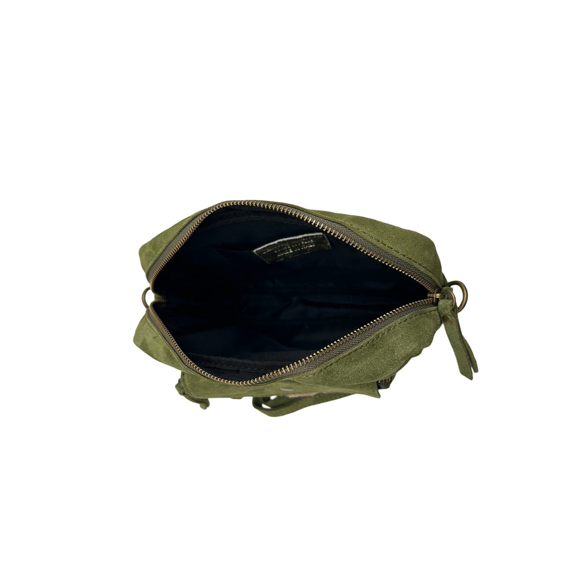 Vittoria sac bandoulière femme en cuir suédé vert avec poche avant motif léopard vu de l'interieur